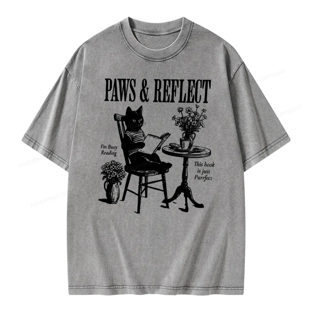 Pagewings Funny Cat Reading Unisex Washed T-shirt