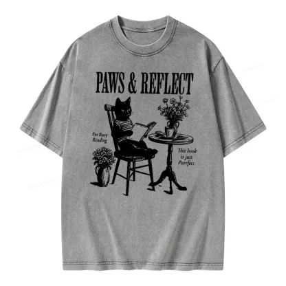 Pagewings Funny Cat Reading Unisex Washed T-shirt