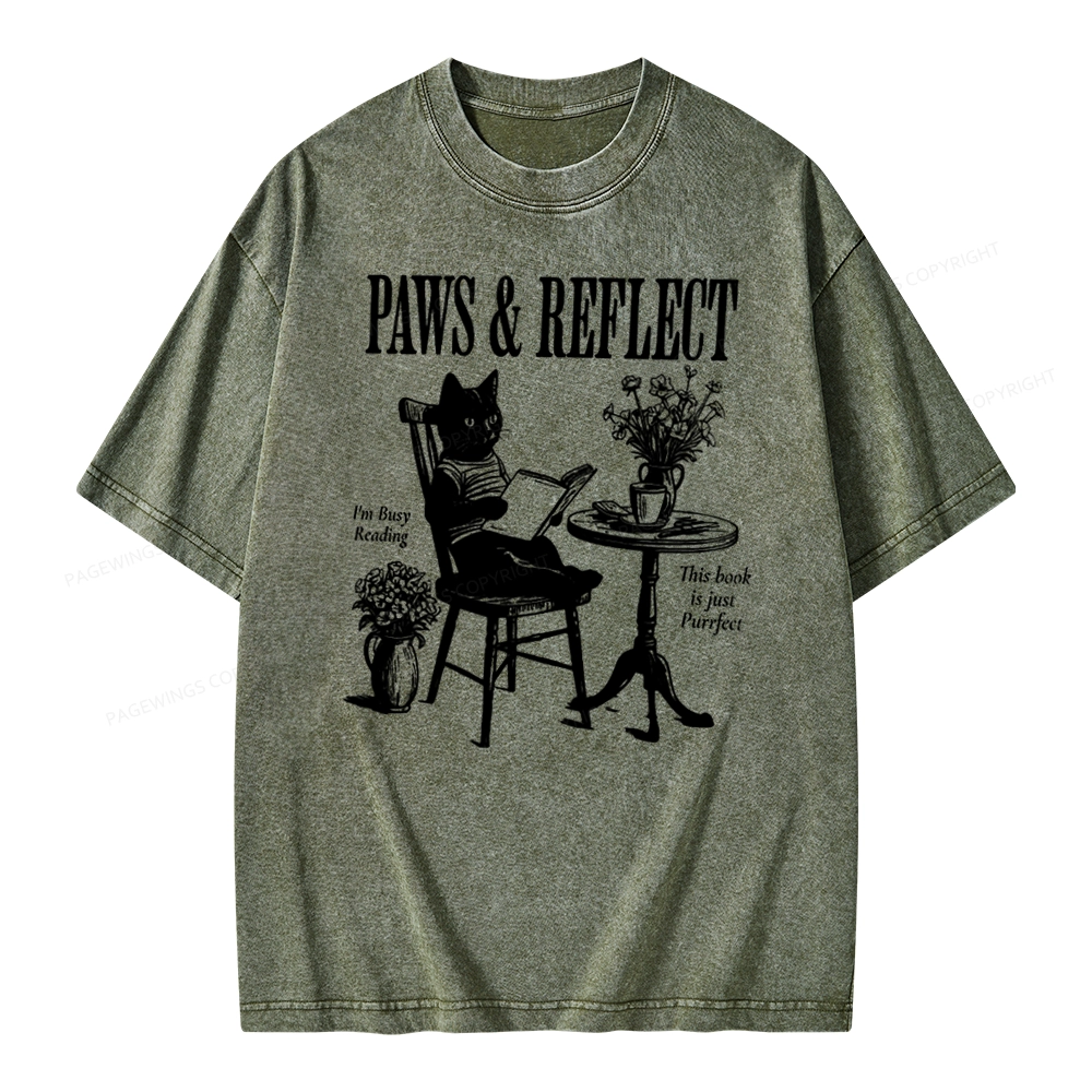 Pagewings Funny Cat Reading Unisex Washed T-shirt