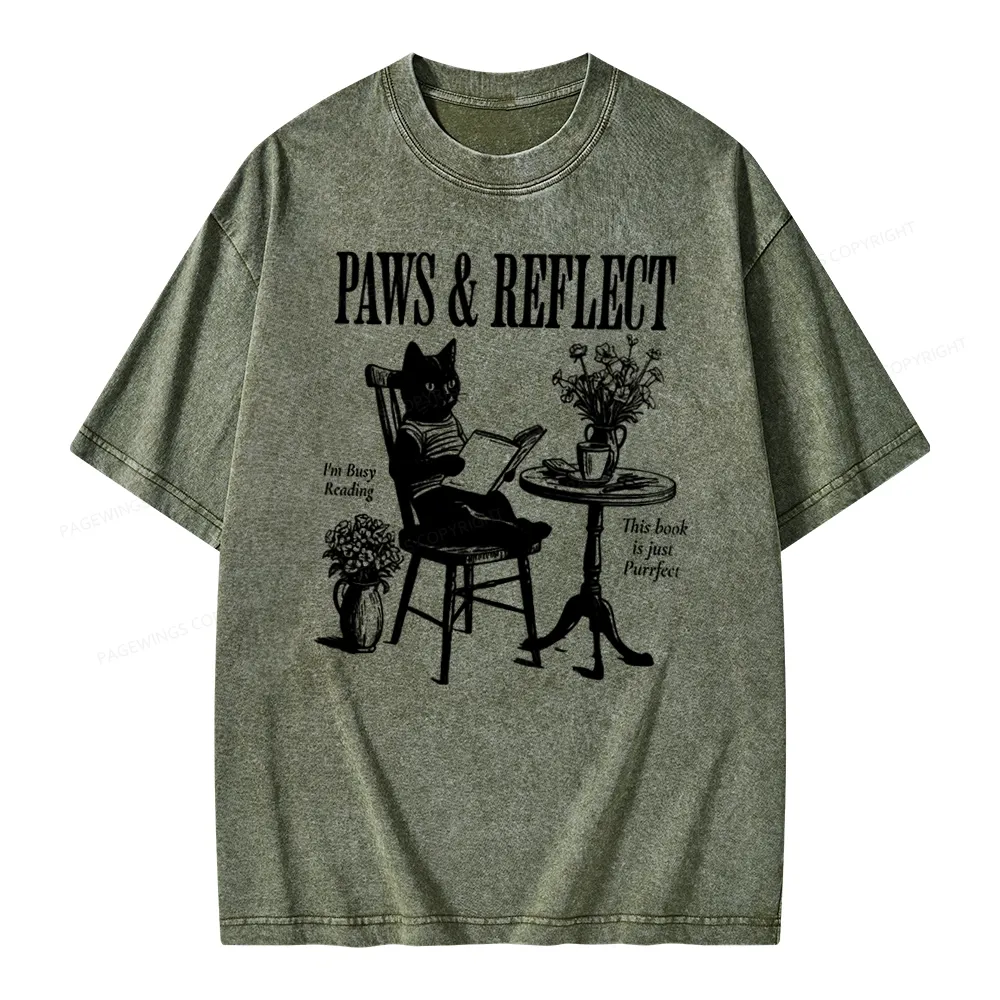 Pagewings Funny Cat Reading Unisex Washed T-shirt
