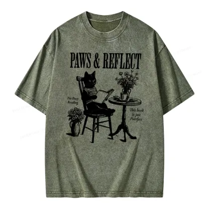 Pagewings Funny Cat Reading Unisex Washed T-shirt