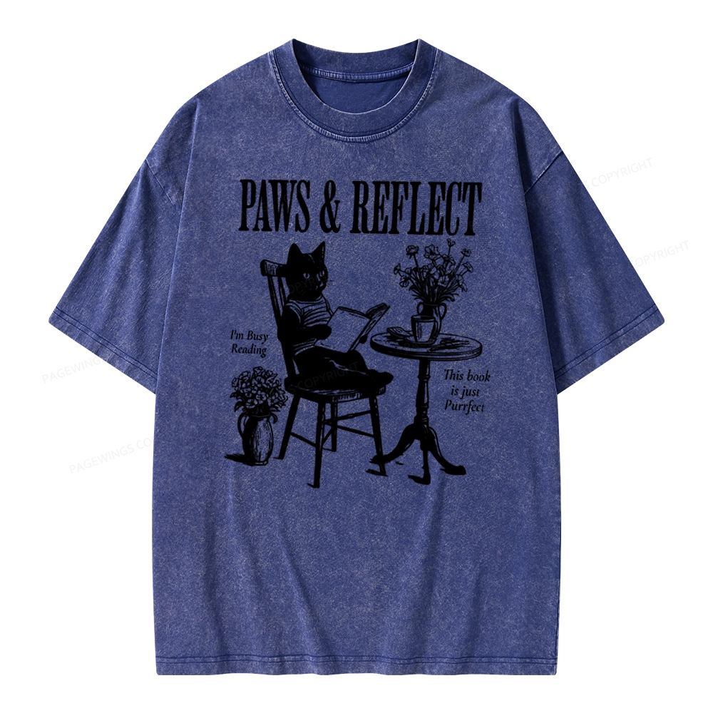 Pagewings Funny Cat Reading Unisex Washed T-shirt