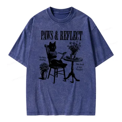 Pagewings Funny Cat Reading Unisex Washed T-shirt