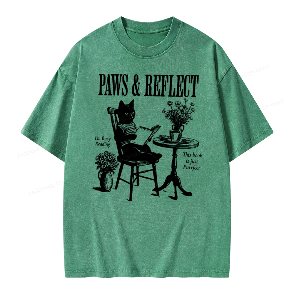 Pagewings Funny Cat Reading Unisex Washed T-shirt