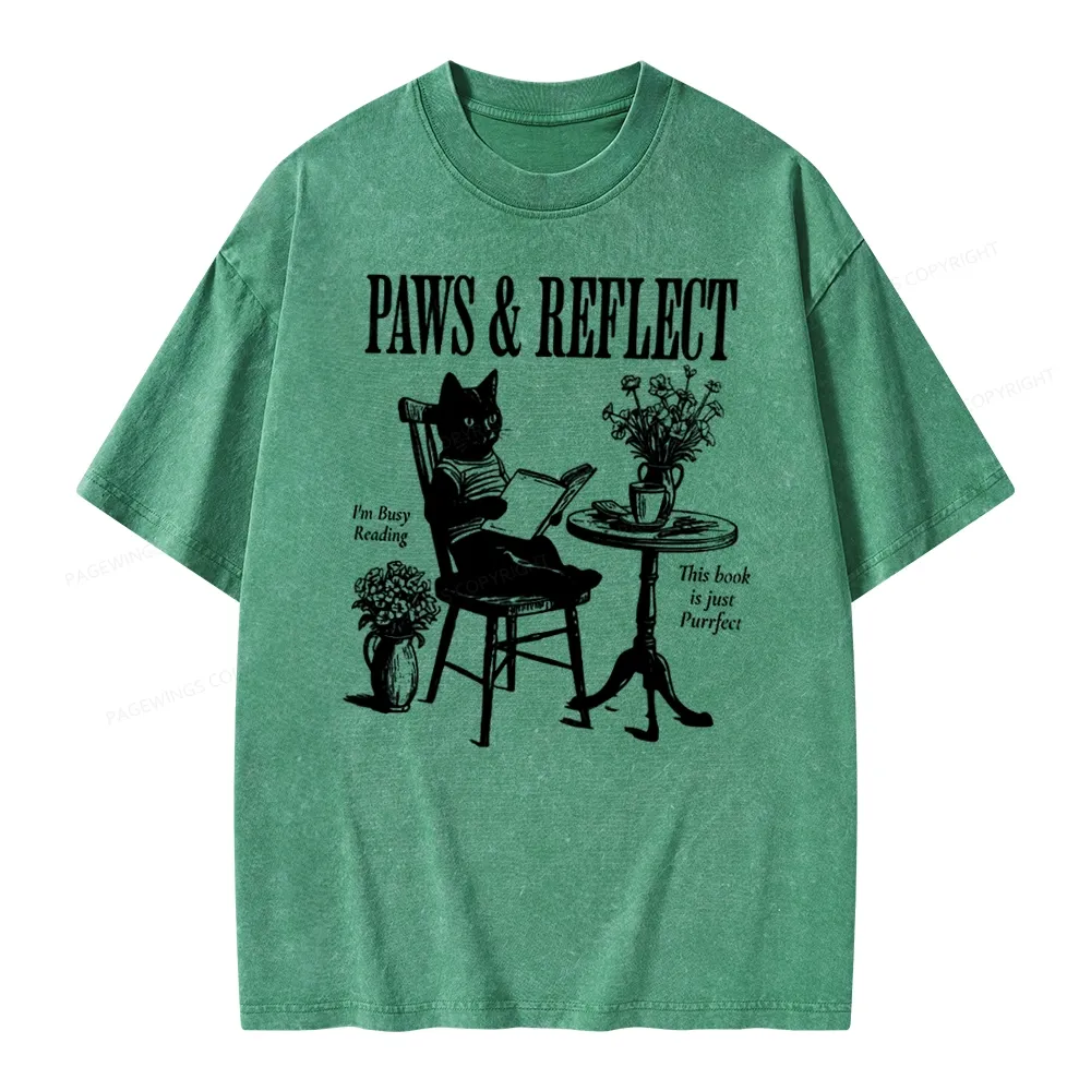 Pagewings Funny Cat Reading Unisex Washed T-shirt