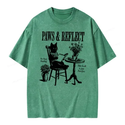 Pagewings Funny Cat Reading Unisex Washed T-shirt