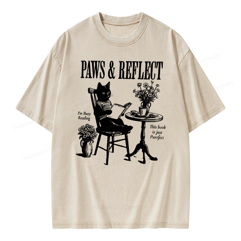 Pagewings Funny Cat Reading Unisex Washed T-shirt