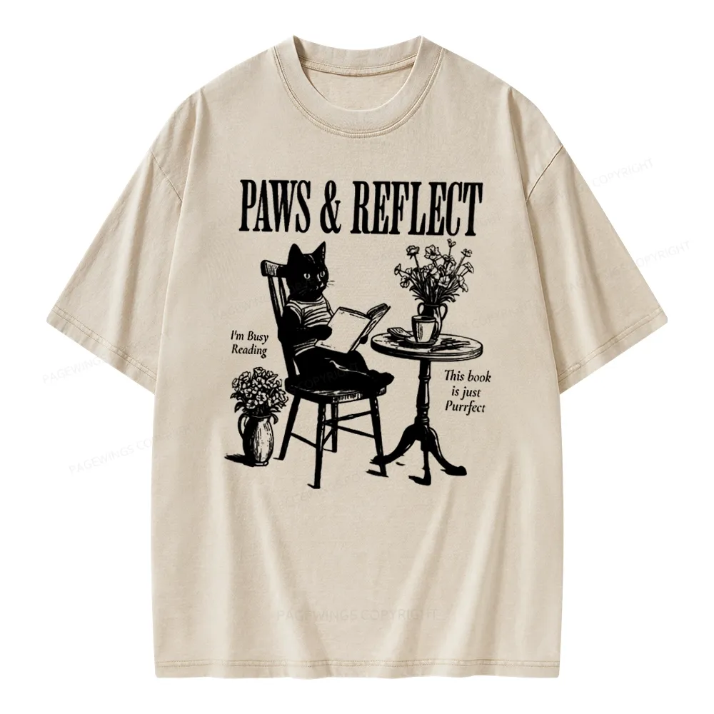 Pagewings Funny Cat Reading Unisex Washed T-shirt