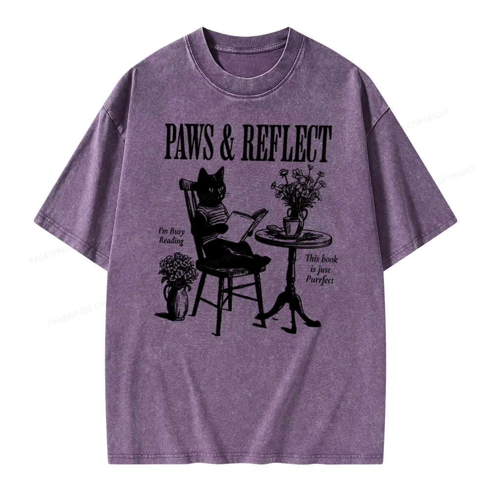 Pagewings Funny Cat Reading Unisex Washed T-shirt