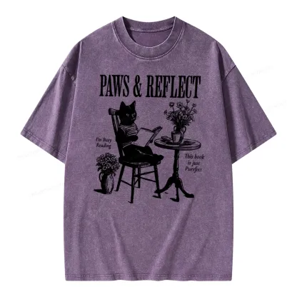 Pagewings Funny Cat Reading Unisex Washed T-shirt