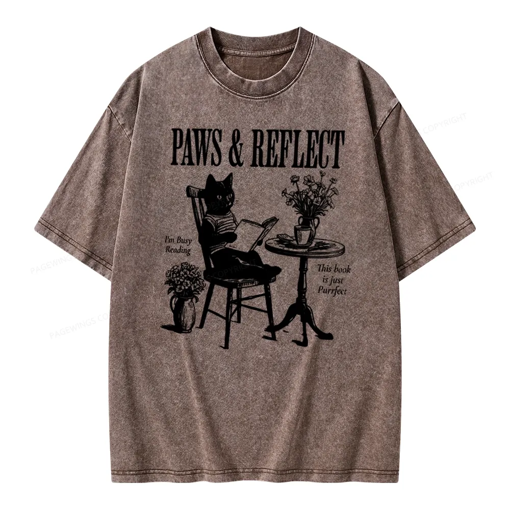 Pagewings Funny Cat Reading Unisex Washed T-shirt
