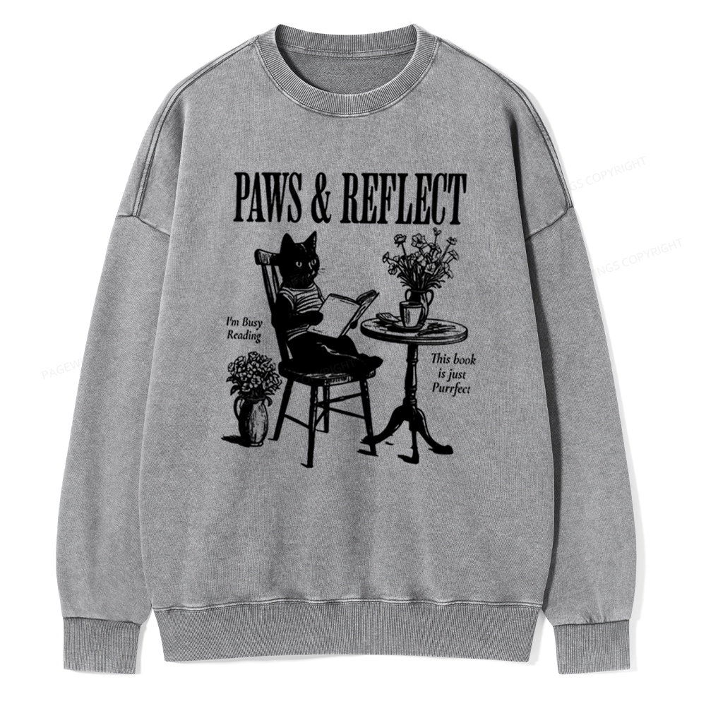 Pagewings Funny Cat Reading Unisex Washed Sweatshirt