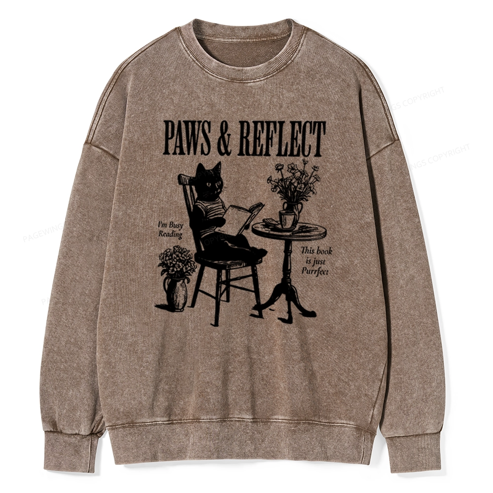 Pagewings Funny Cat Reading Unisex Washed Sweatshirt