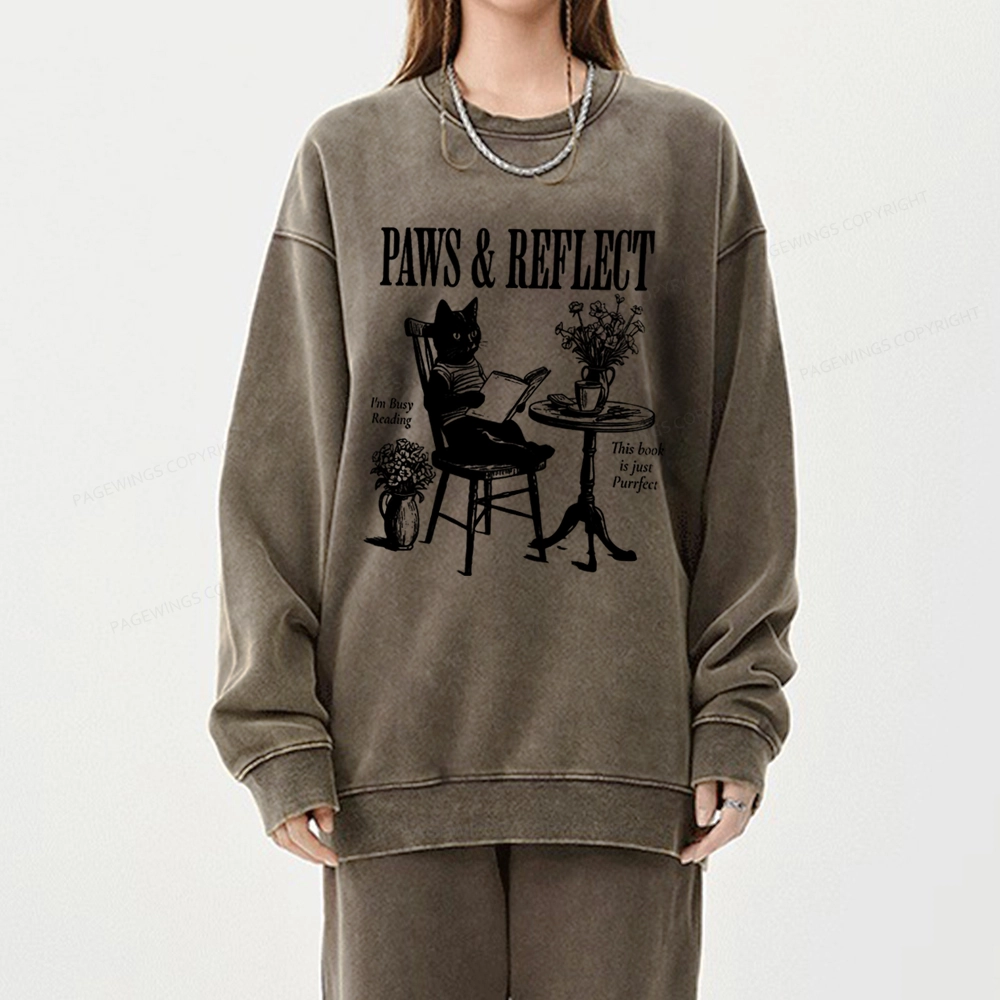Pagewings Funny Cat Reading Unisex Washed Sweatshirt