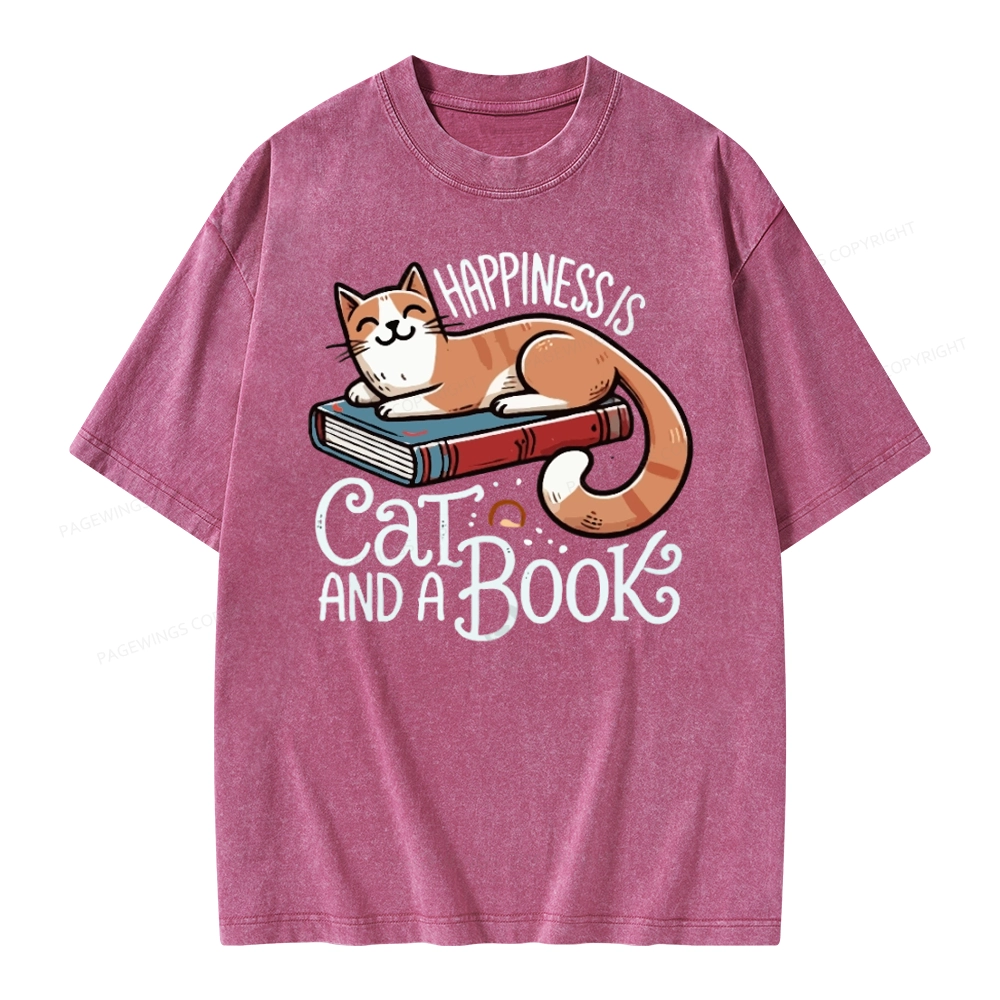 Pagewings Happiness Is A Cat And A Book Unisex Washed T-shirt