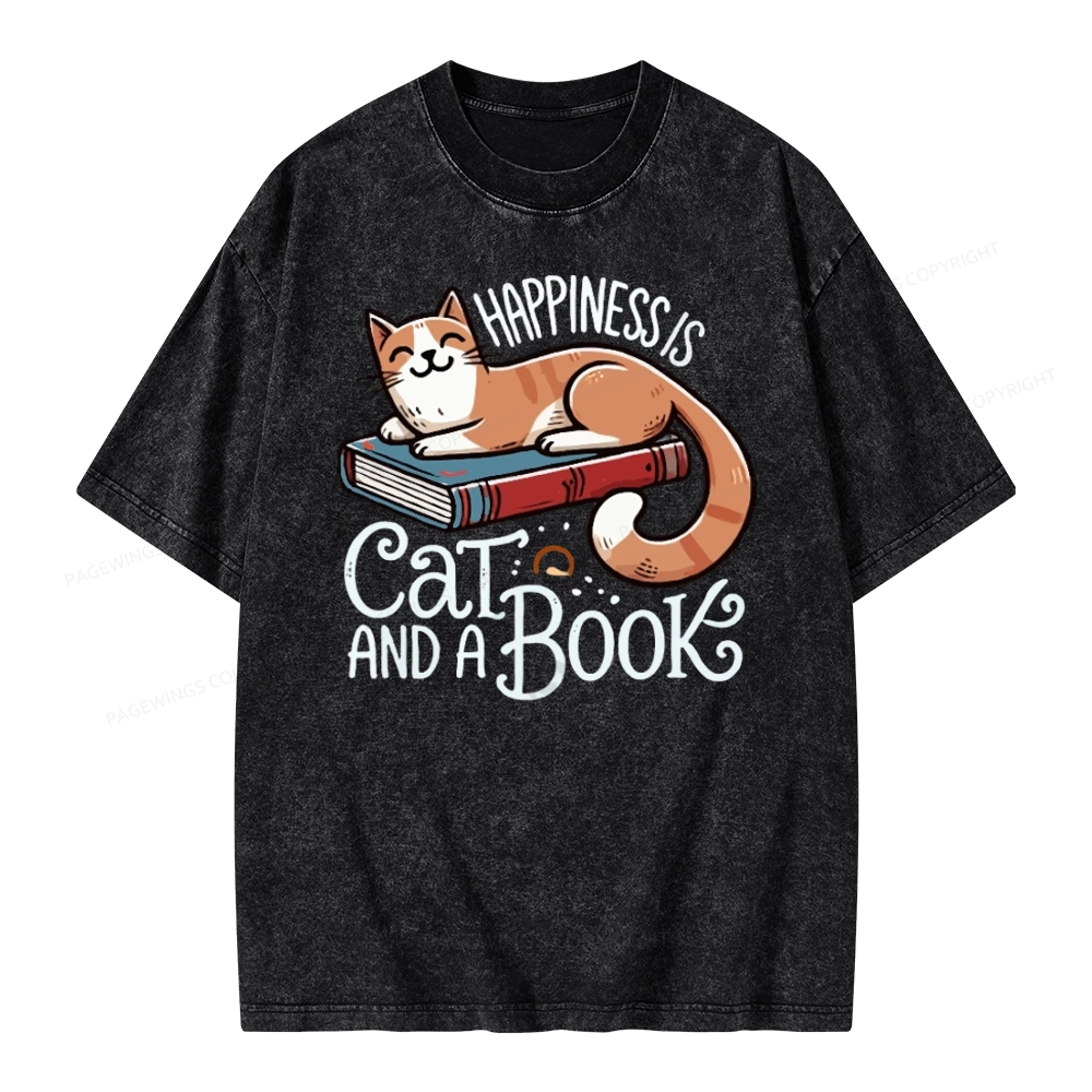Pagewings Happiness Is A Cat And A Book Unisex Washed T-shirt
