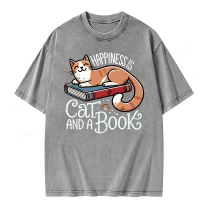 Pagewings Happiness Is A Cat And A Book Unisex Washed T-shirt