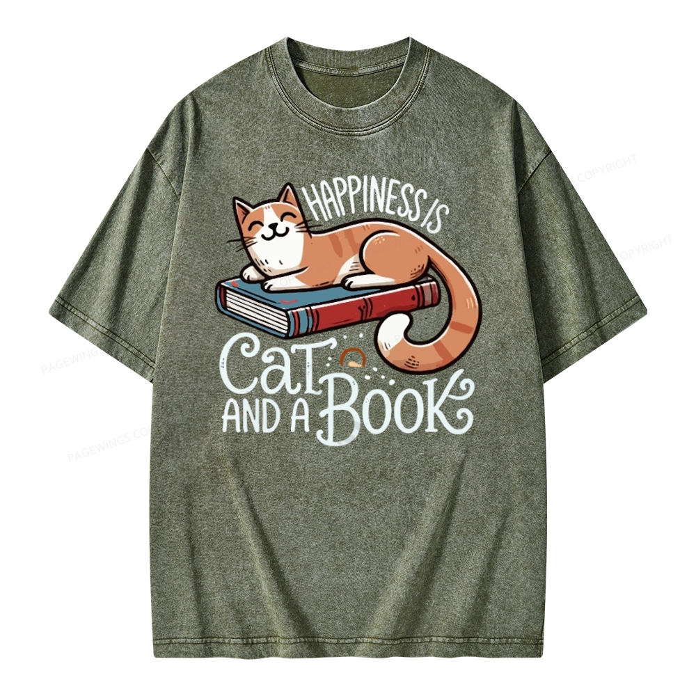 Pagewings Happiness Is A Cat And A Book Unisex Washed T-shirt