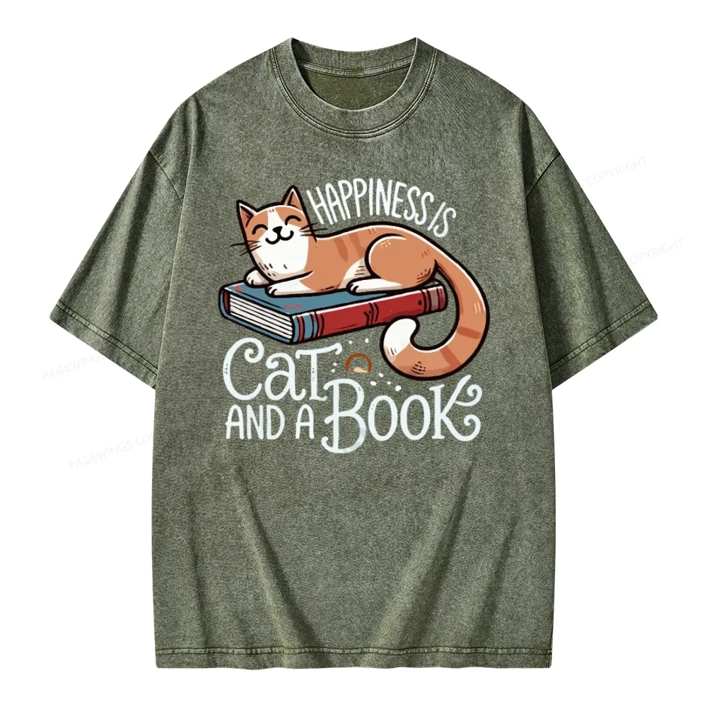 Pagewings Happiness Is A Cat And A Book Unisex Washed T-shirt