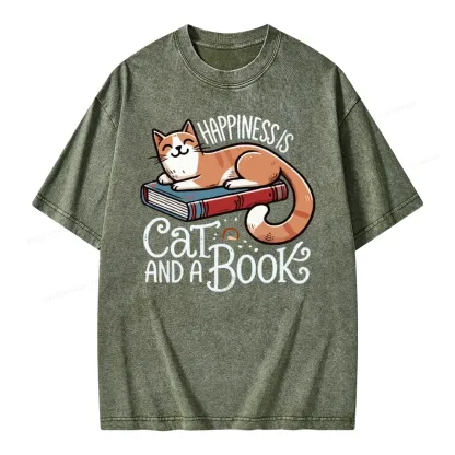 Pagewings Happiness Is A Cat And A Book Unisex Washed T-shirt