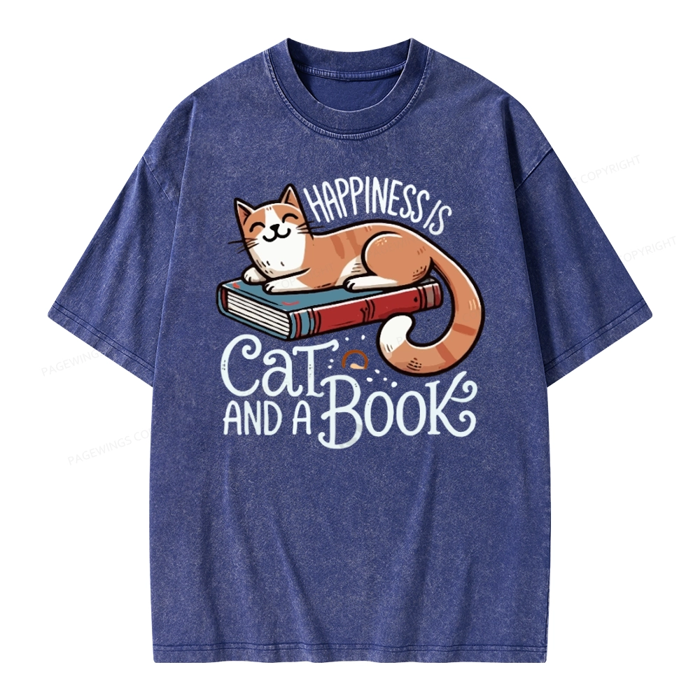 Pagewings Happiness Is A Cat And A Book Unisex Washed T-shirt