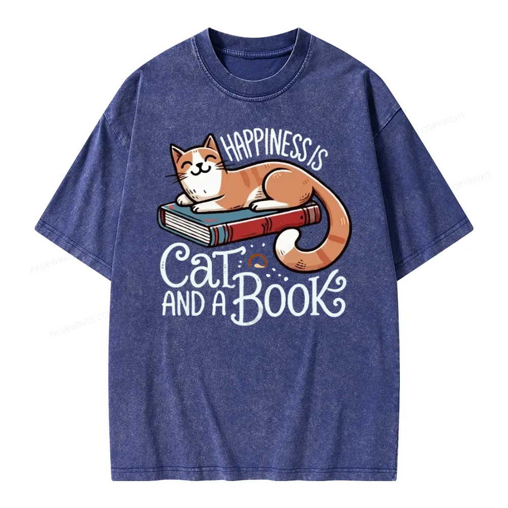 Pagewings Happiness Is A Cat And A Book Unisex Washed T-shirt
