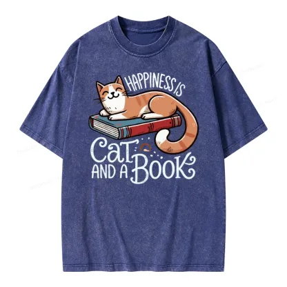 Pagewings Happiness Is A Cat And A Book Unisex Washed T-shirt
