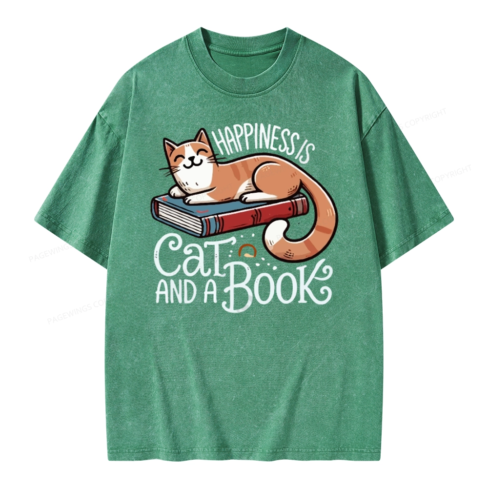 Pagewings Happiness Is A Cat And A Book Unisex Washed T-shirt