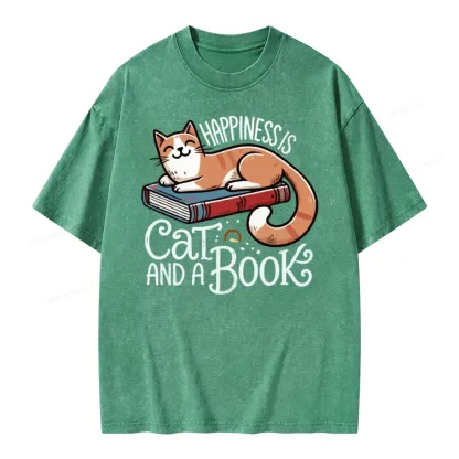 Pagewings Happiness Is A Cat And A Book Unisex Washed T-shirt