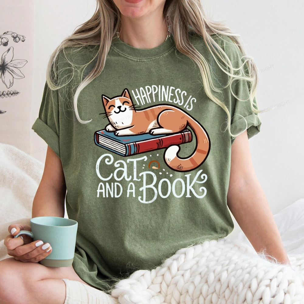 Pagewings Happiness Is A Cat And A Book Unisex Washed T-shirt