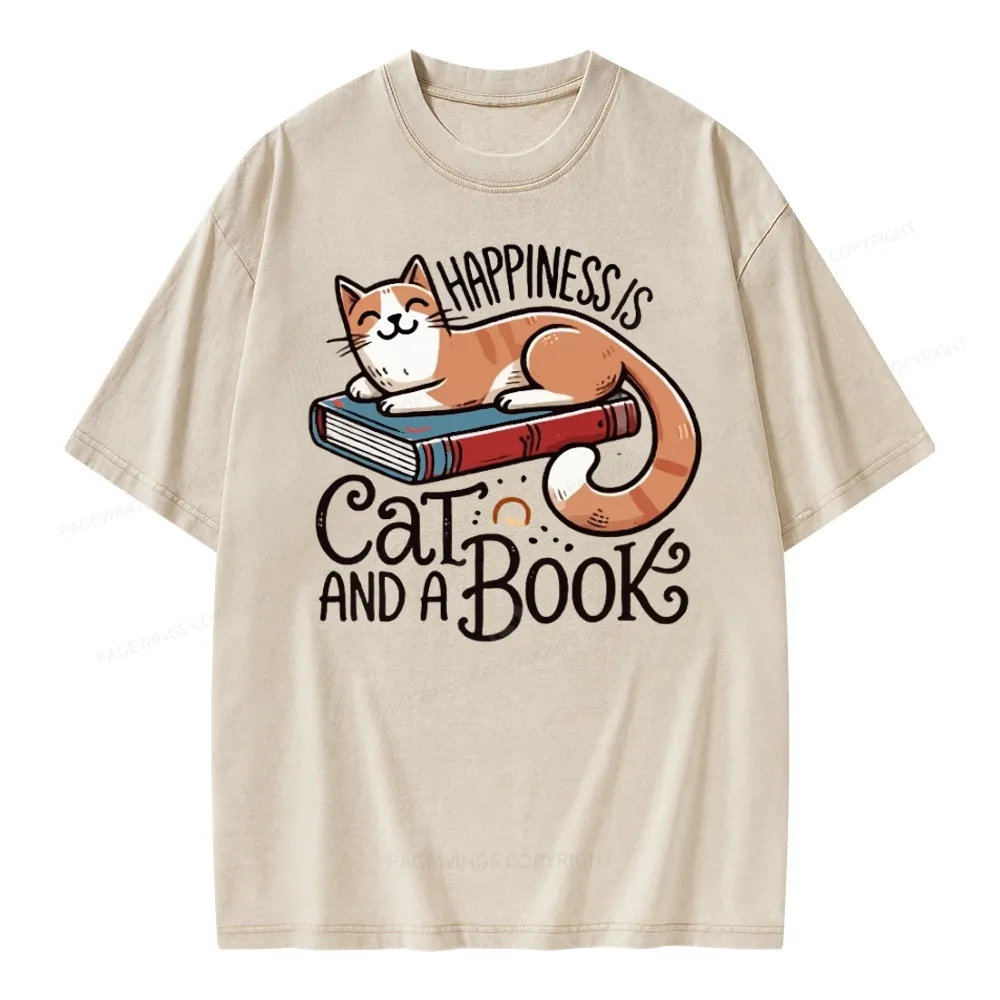 Pagewings Happiness Is A Cat And A Book Unisex Washed T-shirt