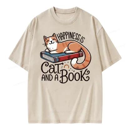 Pagewings Happiness Is A Cat And A Book Unisex Washed T-shirt