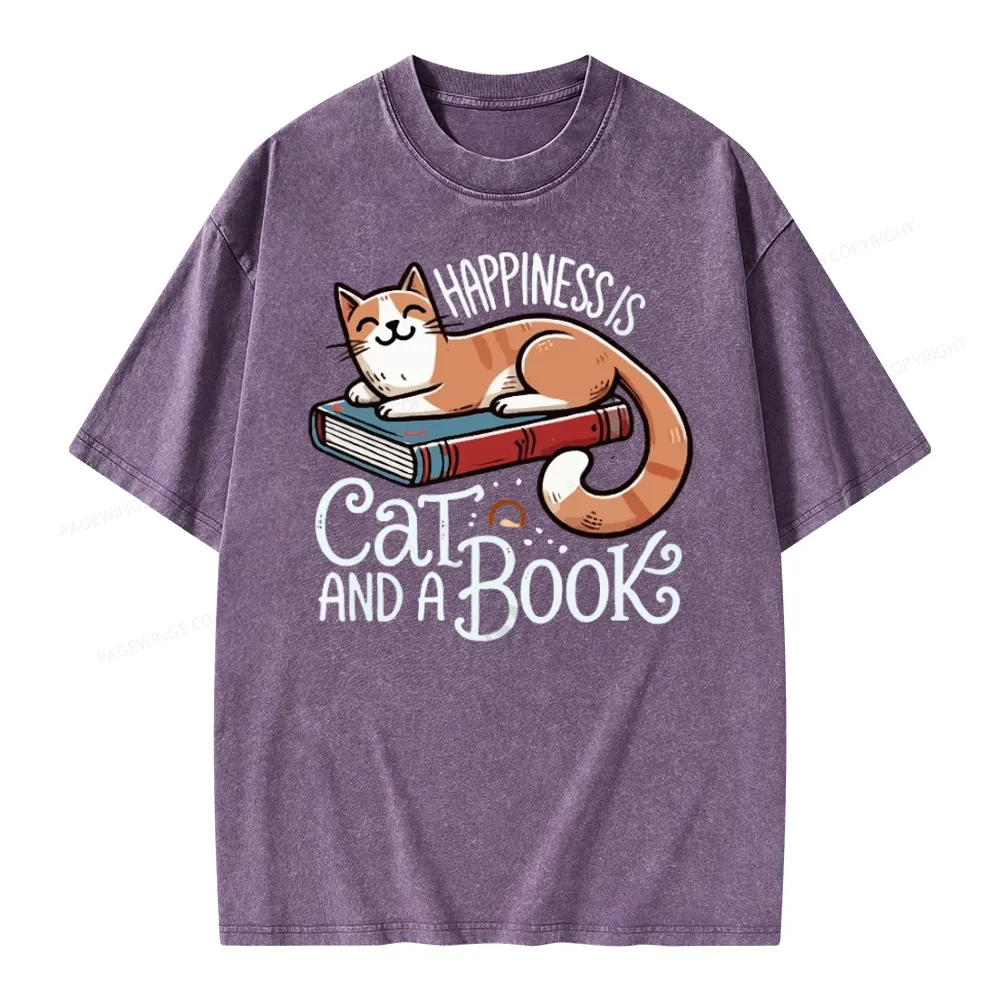 Pagewings Happiness Is A Cat And A Book Unisex Washed T-shirt