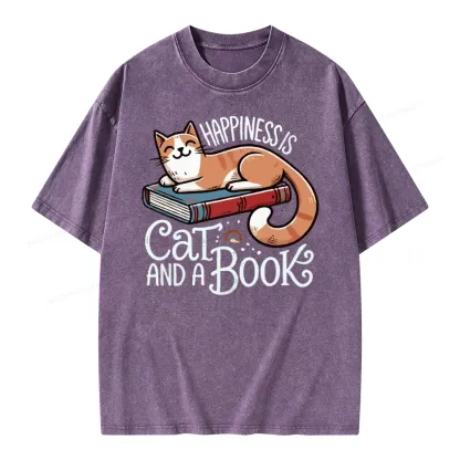 Pagewings Happiness Is A Cat And A Book Unisex Washed T-shirt