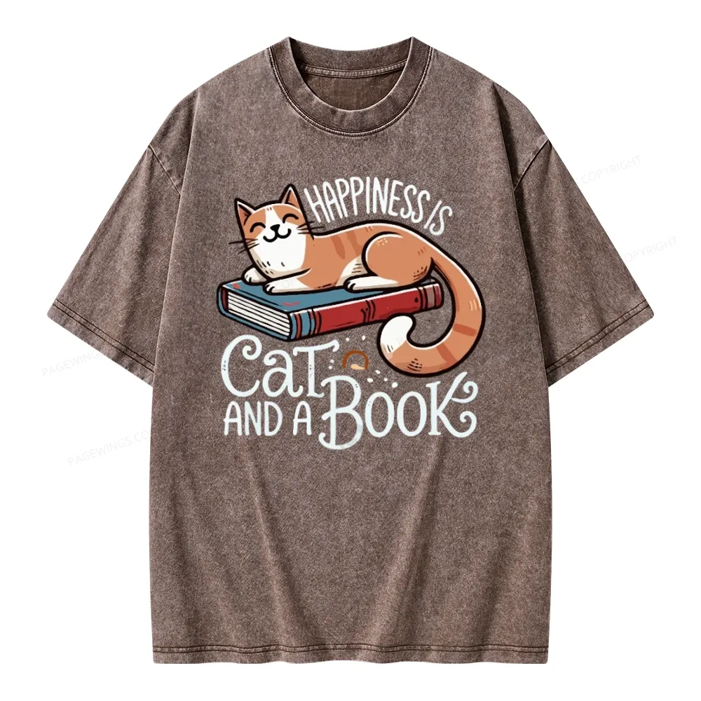 Pagewings Happiness Is A Cat And A Book Unisex Washed T-shirt