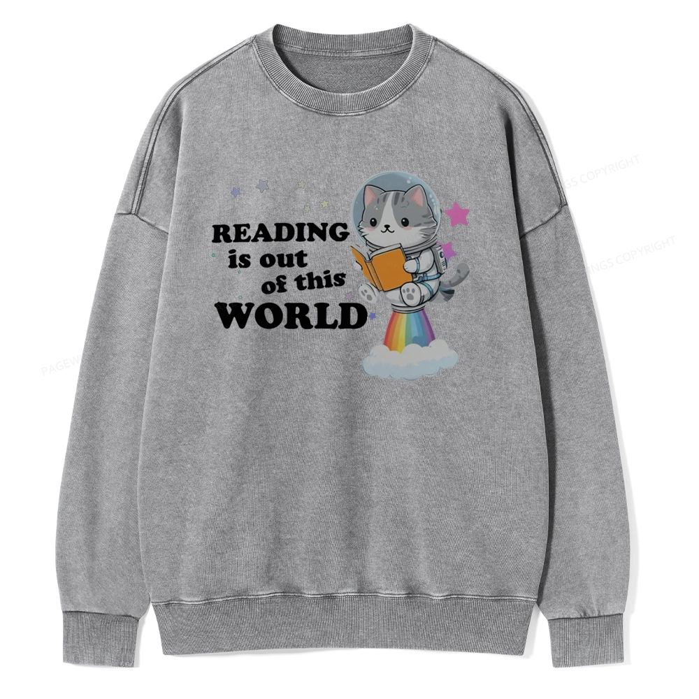 Pagewings Cat Reading in Space Unisex Washed Sweatshirt