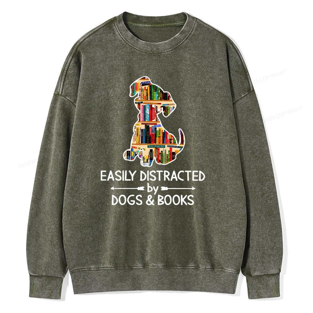 Pagewings Easily Distracted By Dogs And Books Unisex Washed Sweatshirt
