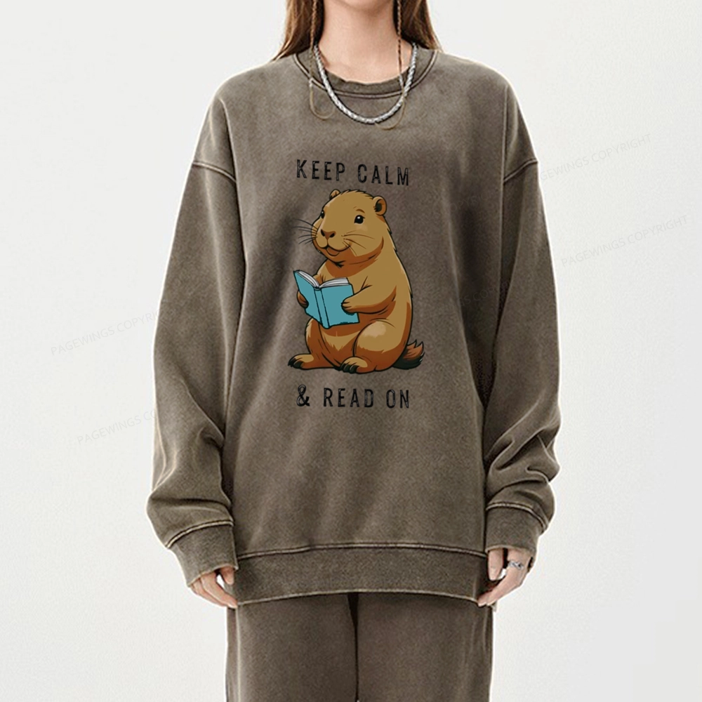 Pagewings Capybara Reading Unisex Washed Sweatshirt