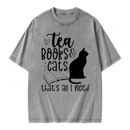 Pagewings Tea Books Cats That's All I Need Unisex Washed T-shirt