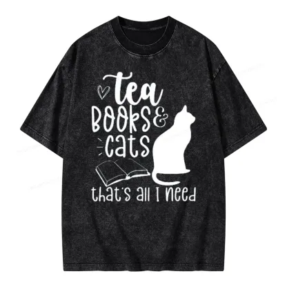 Pagewings Tea Books Cats That's All I Need Unisex Washed T-shirt