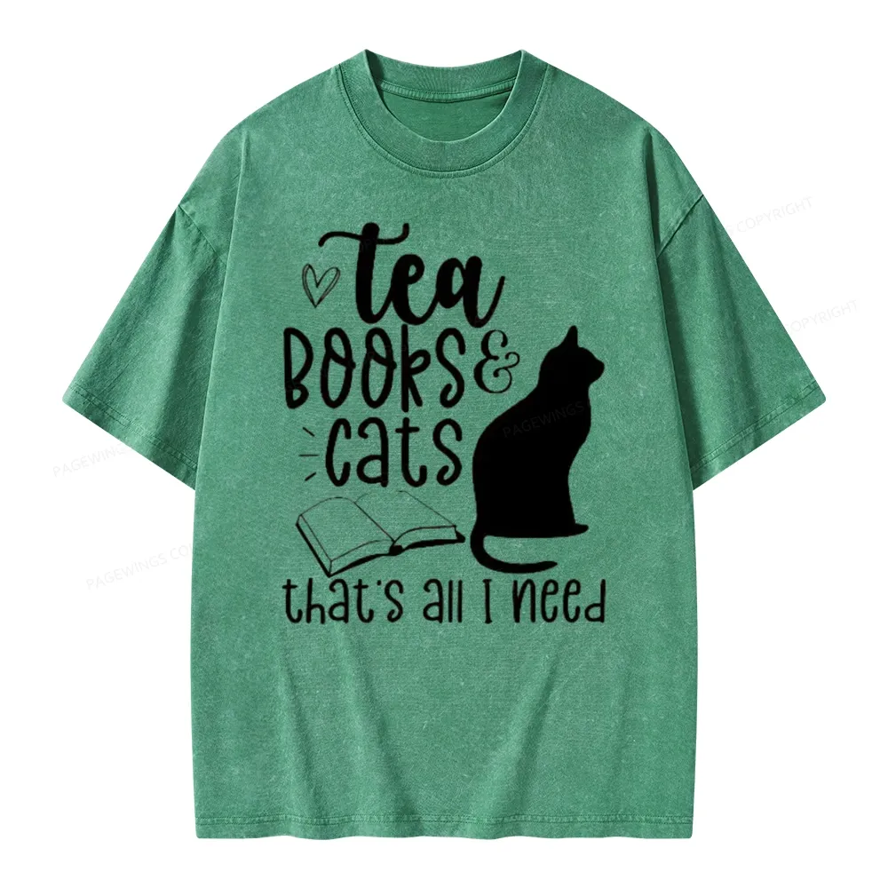 Pagewings Tea Books Cats That's All I Need Unisex Washed T-shirt
