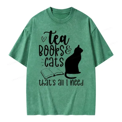 Pagewings Tea Books Cats That's All I Need Unisex Washed T-shirt