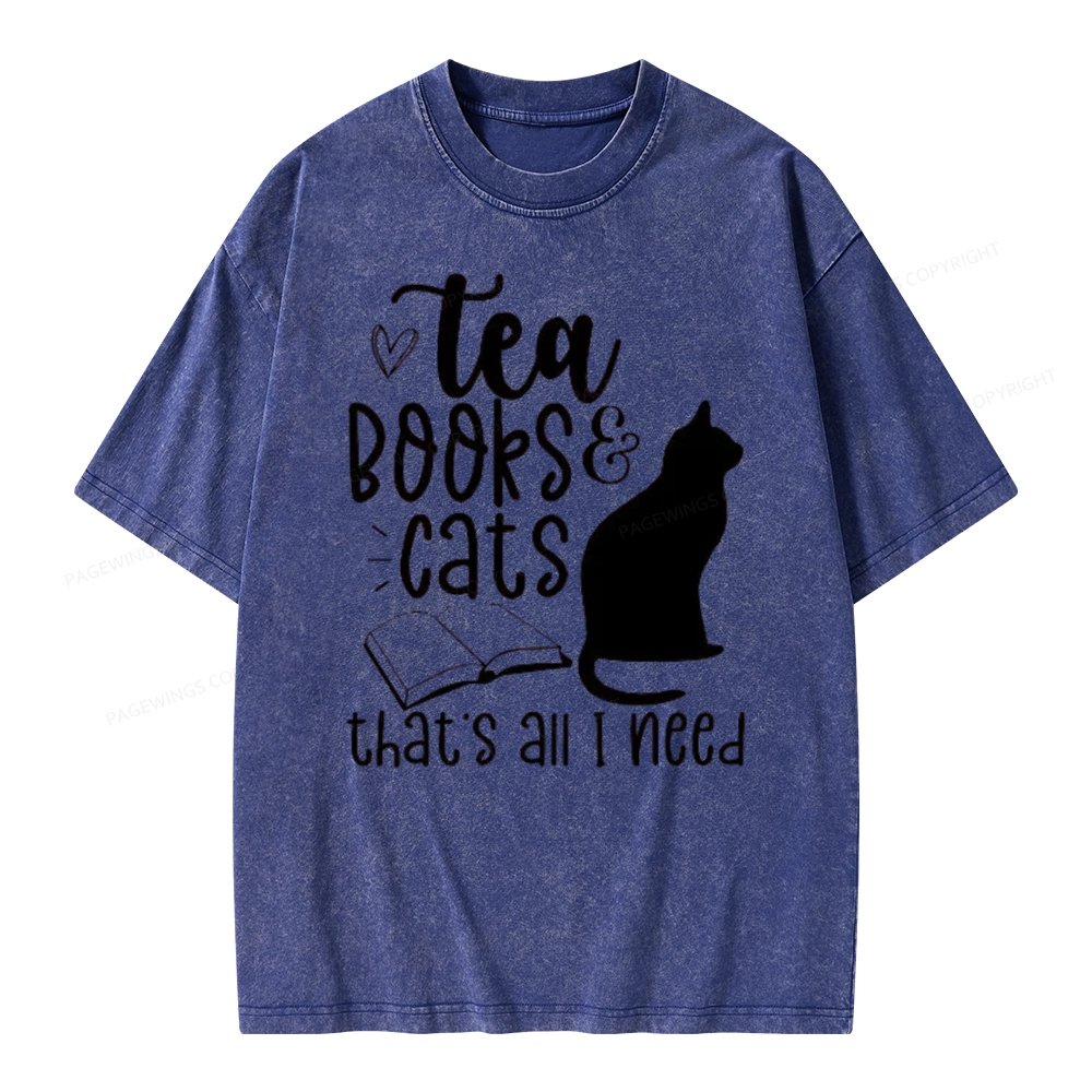Pagewings Tea Books Cats That's All I Need Unisex Washed T-shirt