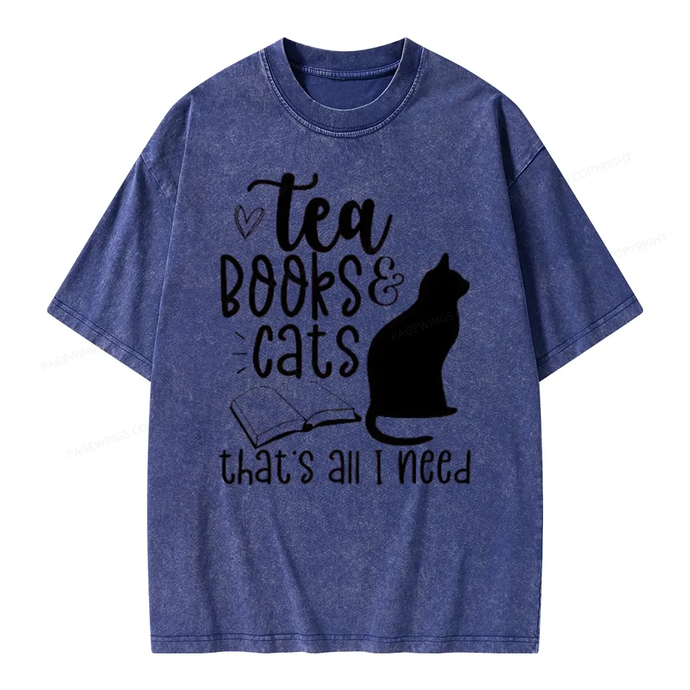 Pagewings Tea Books Cats That's All I Need Unisex Washed T-shirt
