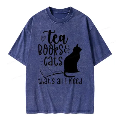 Pagewings Tea Books Cats That's All I Need Unisex Washed T-shirt