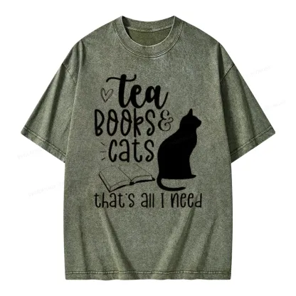 Pagewings Tea Books Cats That's All I Need Unisex Washed T-shirt