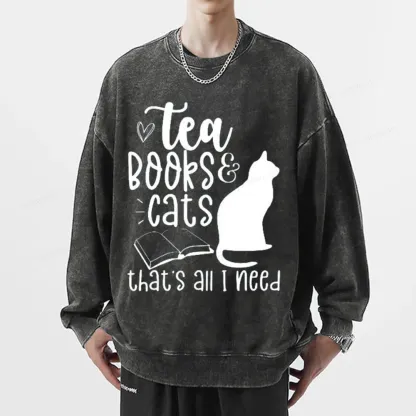Pagewings Tea Books Cats That's All I Need Unisex Washed Sweatshirt