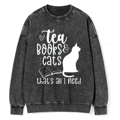 Pagewings Tea Books Cats That's All I Need Unisex Washed Sweatshirt