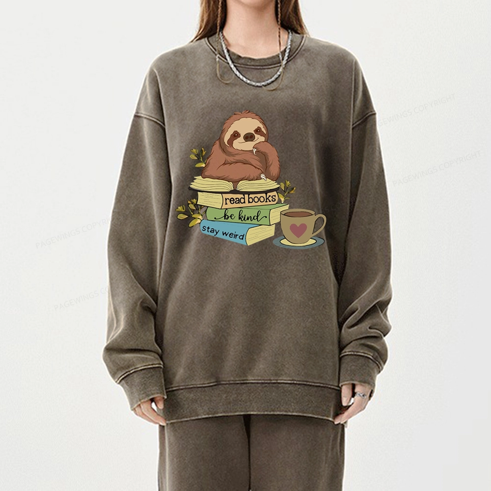 Pagewings Sloth Reading Unisex Washed Sweatshirt