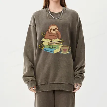 Pagewings Sloth Reading Unisex Washed Sweatshirt